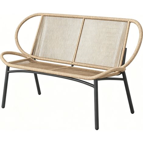 2-Sitzer-Gartenbank aus geflochtenem Rattan mit schwarzem Metallgestell (1/5)