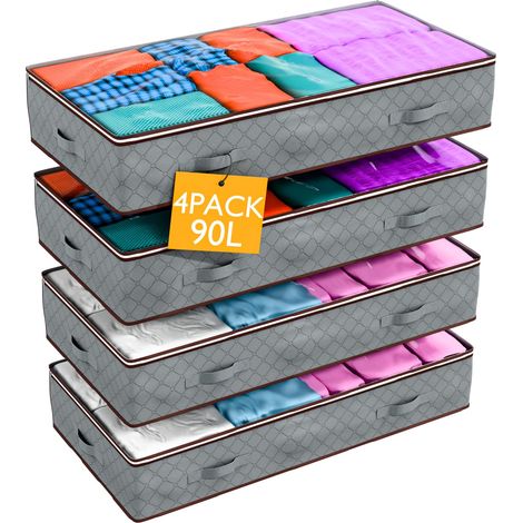 Lot de 4 boîtes de rangement sous lit de 90 l avec couvercles, sacs de rangement pliables avec fermetures éclair et poignées  Grands sacs pour literie, couvertures, couettes et couettes  Organiseur
