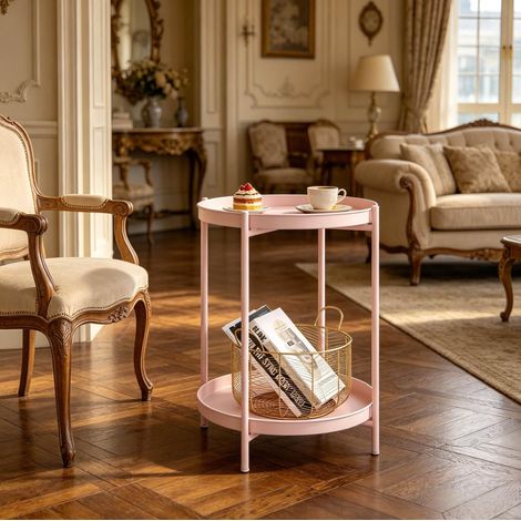 Mesa auxiliar redonda de metal rosa con 2 niveles, 44 x 44 x 53 cm, OKWISH (1/5)