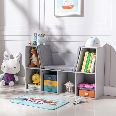 Estantería y banco infantil 2 en 1 con cojín, 103 cm × 30 cm × 62 cm, blanco + gris (1/5)