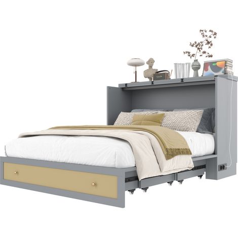 Lit armoire 140x200 gris avec USB, prise, tiroirs, étagère tête de lit et design convertible gain de place, sans matelas, pour chambre compacte – CHICFURN (1/5)