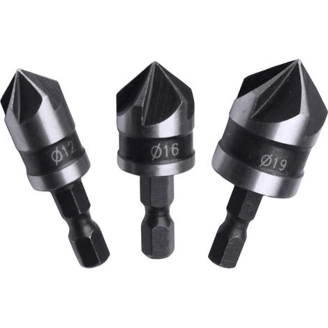 Set di 3 punte per trapano svasatore a gambo esagonale a 5 taglienti da 90 gradi per lavorazione del legno da 12 mm/16 mm/19 mm (1/5)