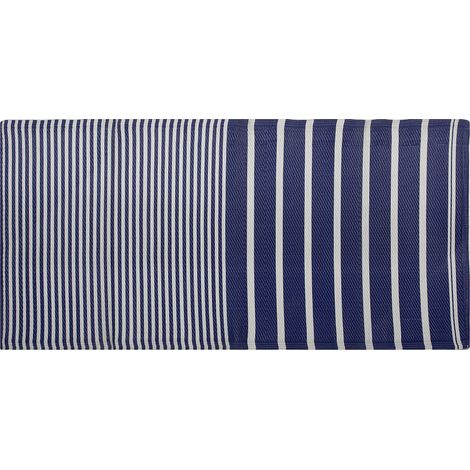 Alfombra de exterior de material sintético azul 90 x 180 cm patrón geométrico a rayas ecológico moderno minimalista Haldia