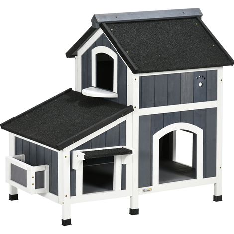 Maison pour chat en pin à 2 étages avec toit en asphalte, extérieur, pour chats jusqu'à 7 kg (1/5)