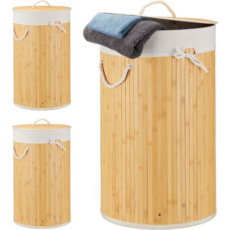 Relaxdays, 3x Bamboo Laundry Baskets, Foldable Hamper with Lid, 70L, Cotton Bag and Side Handles, HxØ: 65 x 41 cm, Cream