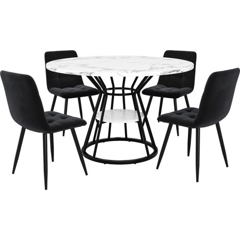 Conjunto de mesa de comedor redonda con 4 sillas, MDF efecto mármol, negro, 5 piezas (1/5)