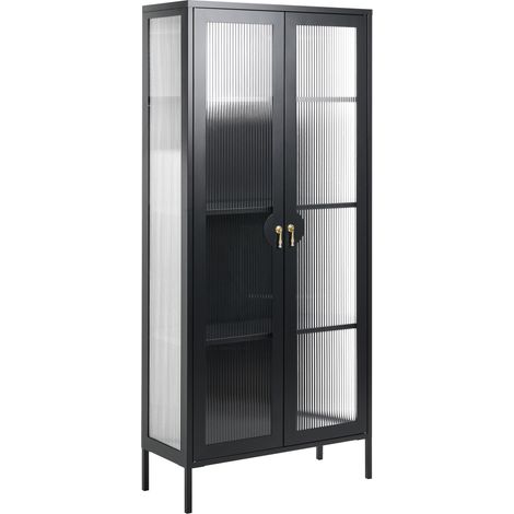 Vitrina de metal de oficina puertas de vidrio acanalado estantes estilo industrial negro Gleora (1/5)