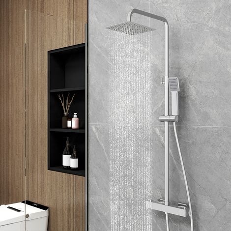 Colonna doccia con miscelatore termostatico, OCEAN Rubinetto Tondo 280x40mm con Soffione Quadrato 20x20cm, Saliscendi Doccia Tondo in Acciaio Inox Cromato