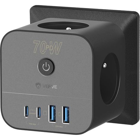 Chargeur Rapide USB C 70W Prise Multiprise Cube 7-en-1 avec Interrupteur Technologie GaN III Compatible Ordinateurs Portables Tablettes Smartphones (1/5)