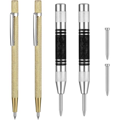 2 Pcs Pointeau Automatique + 2 Pcs Pointe à Tracer en Carbure de Tungstène, Pointeau Central Automatique, Stylos à Tracer en Métal, Poincon Poinçons Centraux à Ressort Tension pour Bois Verre Metal