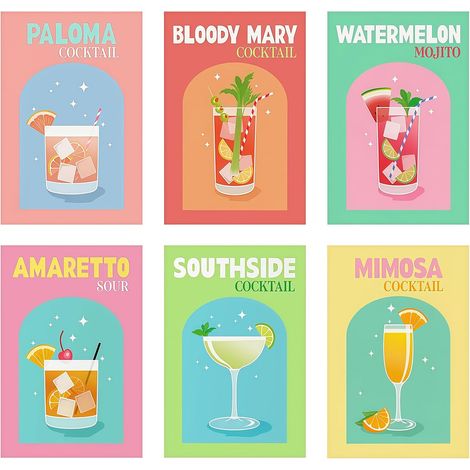 Ensemble De 6 Affiches Cocktails Rétro Colorées, Art Mural sur Toile, Impression Drôle Verre De Vin Alcoolisé, Décoration Murale Esthétique pour Pièces, Non Enca (1/5)