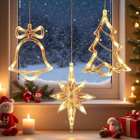 Fenêtre Guirlande de Noël, 3 Pièces 10 LED Rideau Lumineux Blanc Chaud Lumières Décoration de Fenêtre à Piles Sapin de Noël & Cloche (1/5)