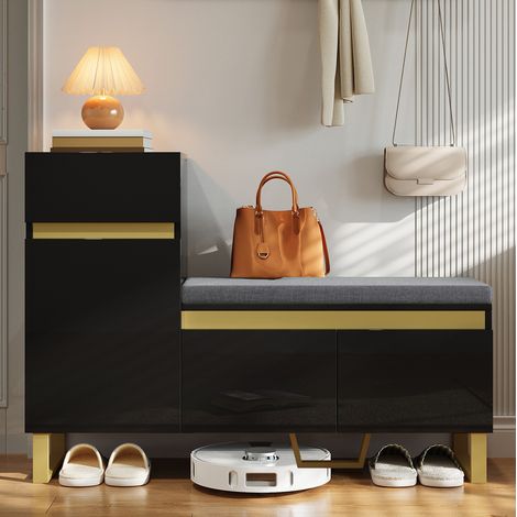 Scarpiera in MDF nera 120x35x85 cm con panca imbottita, 1 cassetto, 2 ante e vano aperto (1/5)