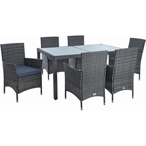 Estexo – Salon de jardin 6 personnes en polyrotin gris anthracite – Fauteuils avec coussins en polyester – Table en bois d'acacia 190x90cm (1/5)