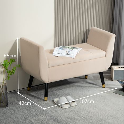 Gepolsterte Aufbewahrungsbank beige in Samtoptik mit Armlehnen, 107 cm (1/4)