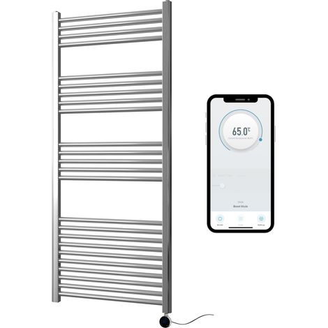 Chrome Electric Smart WiFi Controlled Heated Towel Rail 600mm W x 1400mm H Straight 7 Day Programmable Timer App Compatibility