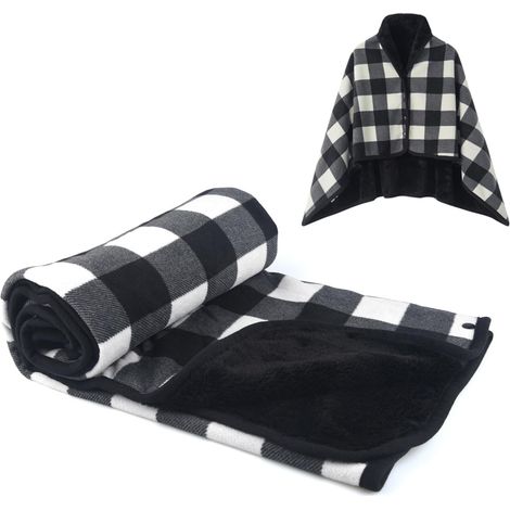Manta de forro polar para llevar puesta, manta de regazo a cuadros, cómoda colcha tipo poncho con botones para sofá cama, oficina, blanco y negro. (1/2)