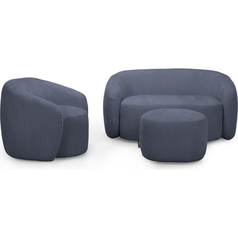 AURELIE - Pack canapé droit 2 places + fauteuil + pouf tissu - Bleu (1/5)