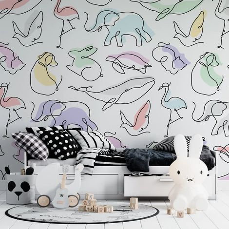 Papier peint animaux esquisses danimaux colorees - 150 x 250 cm (1/2)