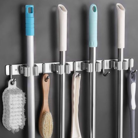 Wandmontierter Besenhalter mit 4 Schlitzen und 5 Haken, Edelstahl, selbstklebend, für Küche, Bad und Garten, Grau-Crezuo