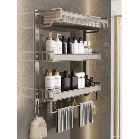 Dreistöckiges, wandmontiertes Metallregal für Badezimmer, Multifunktionsregal mit Handtuchhalter und Haken für Bad, Toilette, Küche und Wohnmobil (1/5)