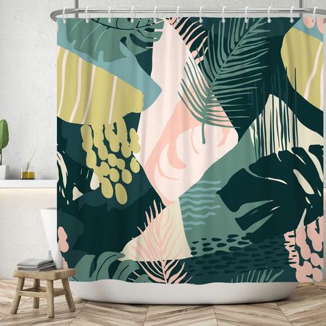183x188cm Rideau De Douche BohèMe Vert Rose Jaune Rideaux De Douche Aquarelle Abstrait Art Moderne Rideau De Salle De Bain Rideau De Baignoire éTanche avec Crochet (1/5)