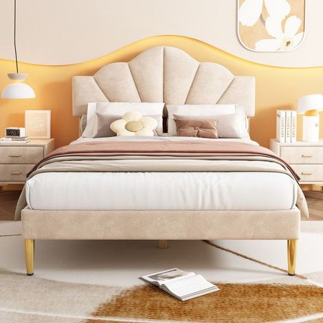 Lit double 140x200cm en velours avec rembourré tête de lit en forme de coquillage réglable,lit enfant cadre de lit adulte,beige (1/5)