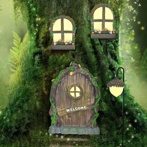 4 pièces Portes et Fenêtre de Fée Miniatures Lumineux Miniature décorations de fée Statues Arbre de Porte et de Fée GNOME Miniature avec lampadaire de Noix de cèdre, Brille dans Le Noir (1/5)