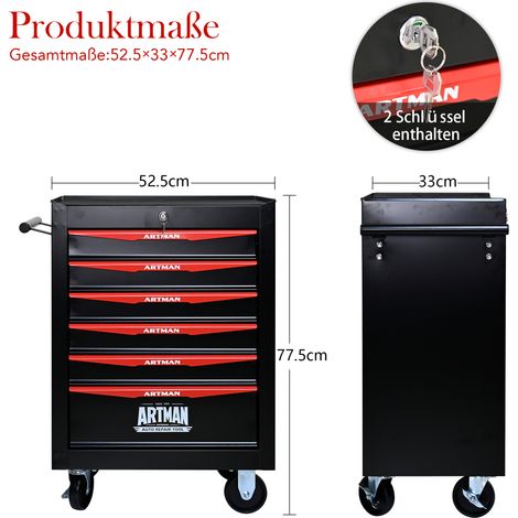 Fahrbarer Metall-Werkzeugschrank mit 6 Schubladen, 508 mm (20 Zoll) Werkzeugschrank mit 6 Schubladen und kugelgelagerten Schubladenführungen, organisierende Stahl-Werkzeugbox – schwarz-rot (1/5)