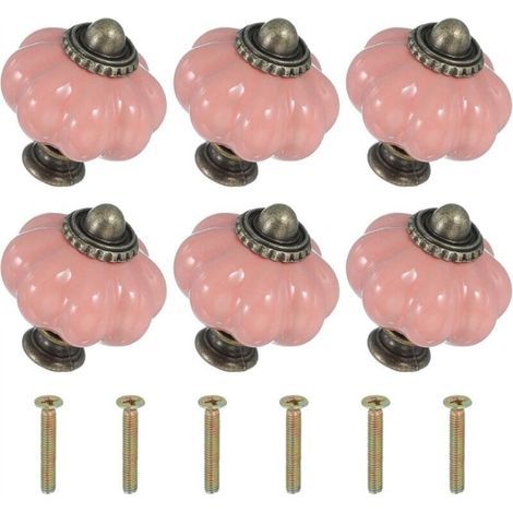 Boutons en céramique rose, 3,33,33,8 cm, 6 pièces avec vis, boutons et poignées de tiroir de meuble en céramique en forme de citrouille. (1/4)