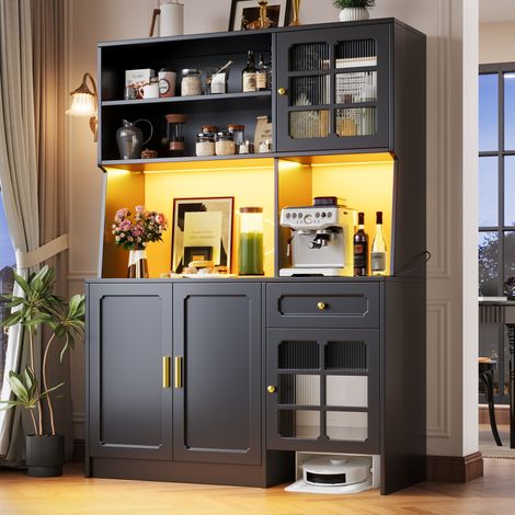 Buffet haut de cuisine avec portes en verre, LED et tiroirs, 130x45x180 cm, noir (1/5)