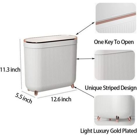 Poubelle de salle de bain 12 litres – Poubelle rectangulaire en plastique avec couvercle à pression – Ouverture large 32 cm – Design minimaliste blanc (1/4)