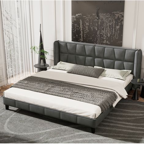 Lit double en velours gris 180x200 cm avec tête de lit rembourrée et sommier à lattes (1/5)