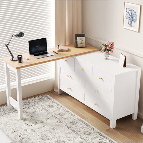 MEUBLIV Bureau pivotant 120x40x70 cm blanc/bois – 7 tiroirs, 360° rotatif (1/5)
