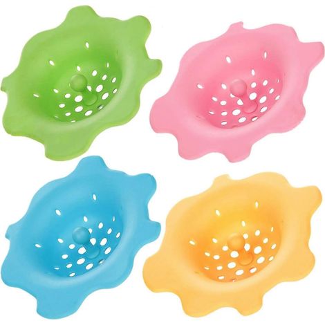 Passoire d'évier, attrape-cheveux en forme de fleur, passoire à cheveux ronde en caoutchouc, facile à nettoyer, pour cuisine, salle de bain et baignoire, lot de 4 couleurs