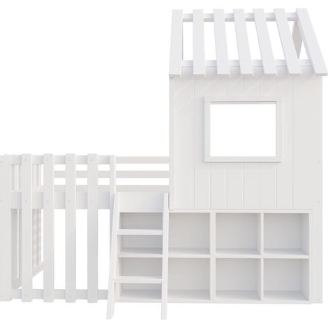 Letto a casetta per bambini 90 x 200 con tetto e finestra, vano aperto e scala, bianco HOMVRA (1/5)