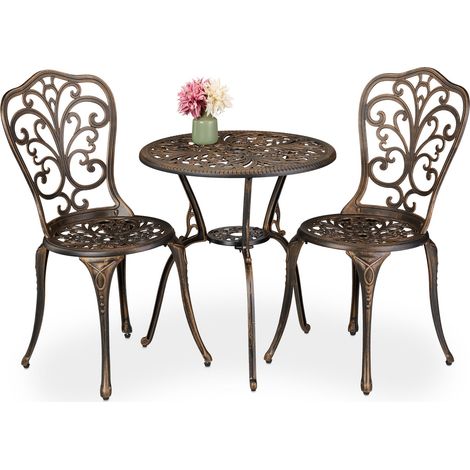 Relaxdays Gartenmöbel Set 3-teilig, Tisch, 2 Stühle, Aluguss, Balkonmöbel Antikdesign, Garten Sitzgruppe, schwarz/bronze