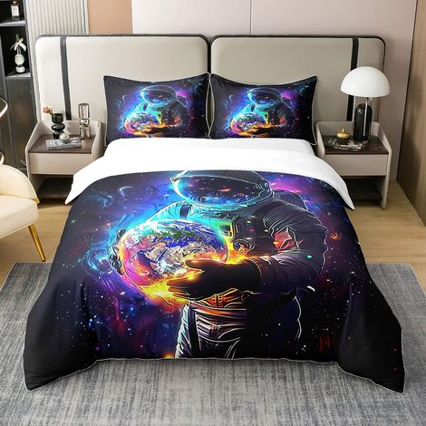 Parure de lit 100 % coton avec housse de couette de 200 x 200 cm, motif d'astronaute, motif galaxie cosmonaute spaceman, pour enfants, garçons et filles (1/5)