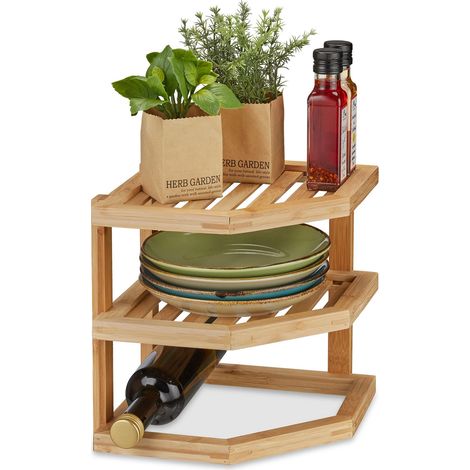 Rangement Cuisine Bambou, HLP: 25,5x25,5x25,5 cm, étagères Angle Plan de Travail et Cuisine, 2 Niveaux, Nature (1/5)