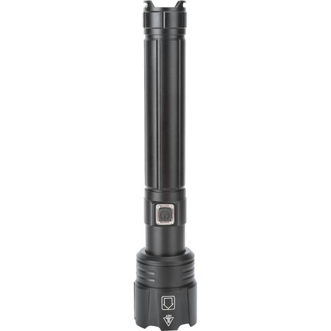 Lampe torche LED P90 ultra-lumineuse, étanche IPX4, rechargeable par USB, avec zoom et indicateur de batterie, idéale pour le camping et les activités de plein air (noire). (1/5)
