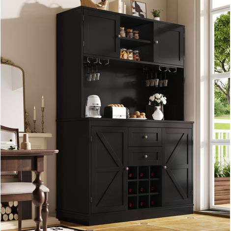 Buffet de cuisine 120x40x188 cm noir en MDF avec rangements pour vin et étagères réglables (1/5)