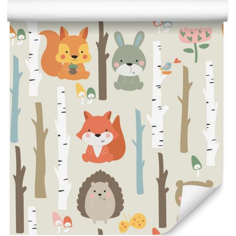 Carta da parati con simpatici animali del bosco per soggiorno e camera da letto, 50x1000 cm (1/5)