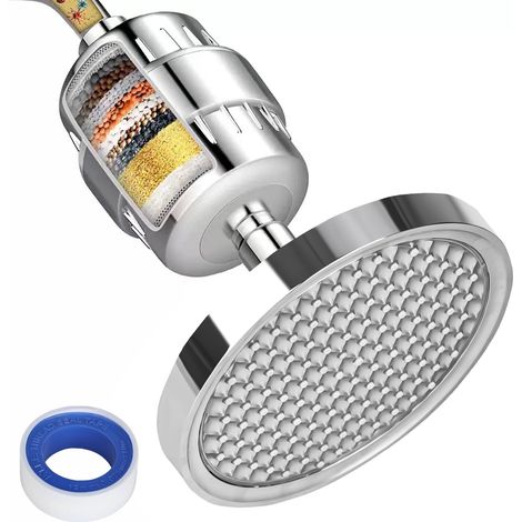 Pommeau de douche, à 15 niveaux, filtre à eau, filtre à chaux avec pommeau de douche, douche à effet pluie, avec vitamine C, filtre à eau pour éliminer le chlore et le fluorure, avec 2 embouts (1/5)