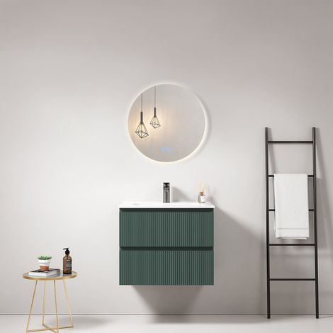 Mobile bagno sospeso cannettato 60 cm Verde Comodoro Lavabo in Ceramica Specchio Tondo Retroilluminato - Fiji Paint