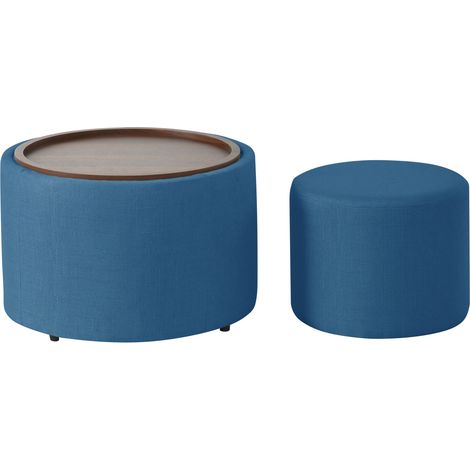 Set de 2 poufs gigognes avec rangement, housse en lin et tablette en bois, diamètre 58 cm, bleu (1/5)