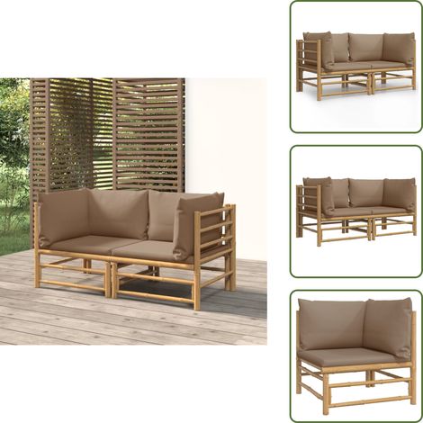 Cojín - vidaXL Sofás esquineros de jardín 2 uds bambú con cojines gris taupe - Muebles de jardín