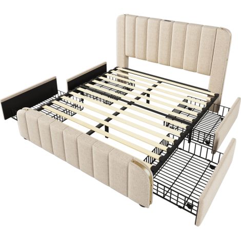 Polsterbett Doppeltes, gepolstertes Kopfteil mit goldenen Zierstreifen und ,USB Typ-C Beige Leinen-Material mit 4 Schubladen ,Belastbarkeit 181 kg (Ohne Matratze) (1/5)