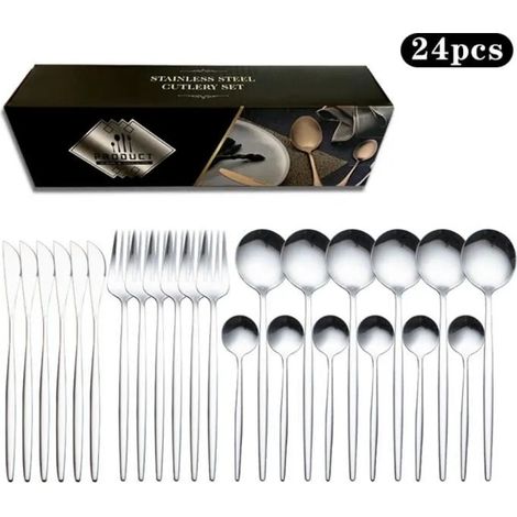 service de vaisselle en or et noir, 24 pièces, en acier inoxydable, service de couverts, fourchette à gâteau, cuillère, couteau, (1/3)