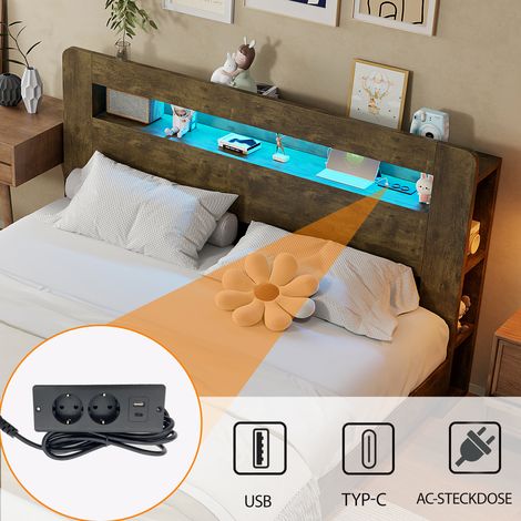 Cadre de lit bois vintage avec rangement tête de lit, éclairage LED, prises intégrées, plateforme moderne 140x200 cm (1/5)