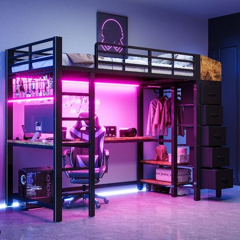 Hochbett 90x200 Metall Schwarz mit integriertem Gaming Schreibtisch, LED Beleuchtung, Steckdosen und Stauraum, Loftbett mit Kleiderstange (1/5)